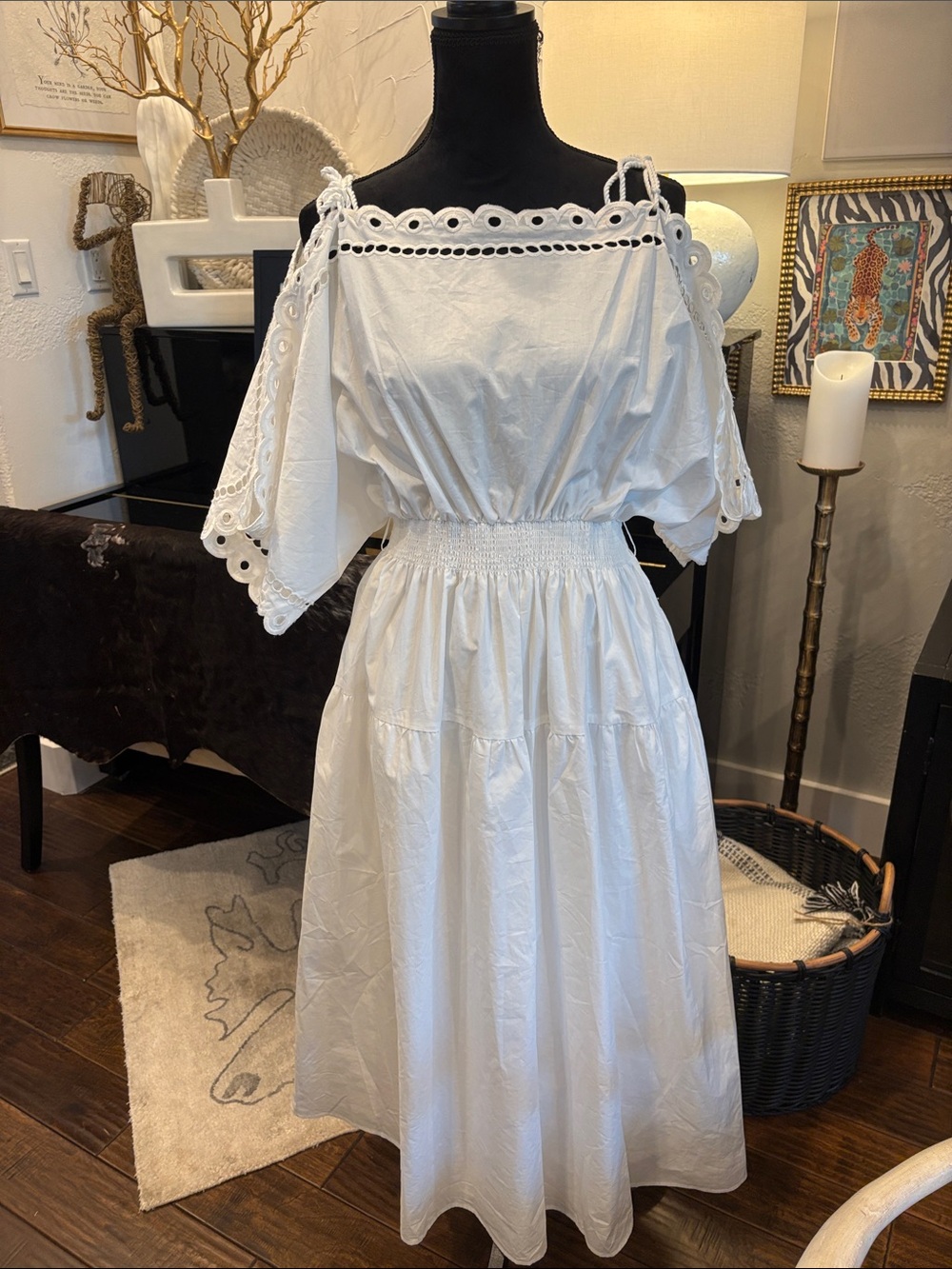 Anthropologie White Eyelet Off-Shoulder Midi Dress - Classic Summer Style - Picture 2 of 9